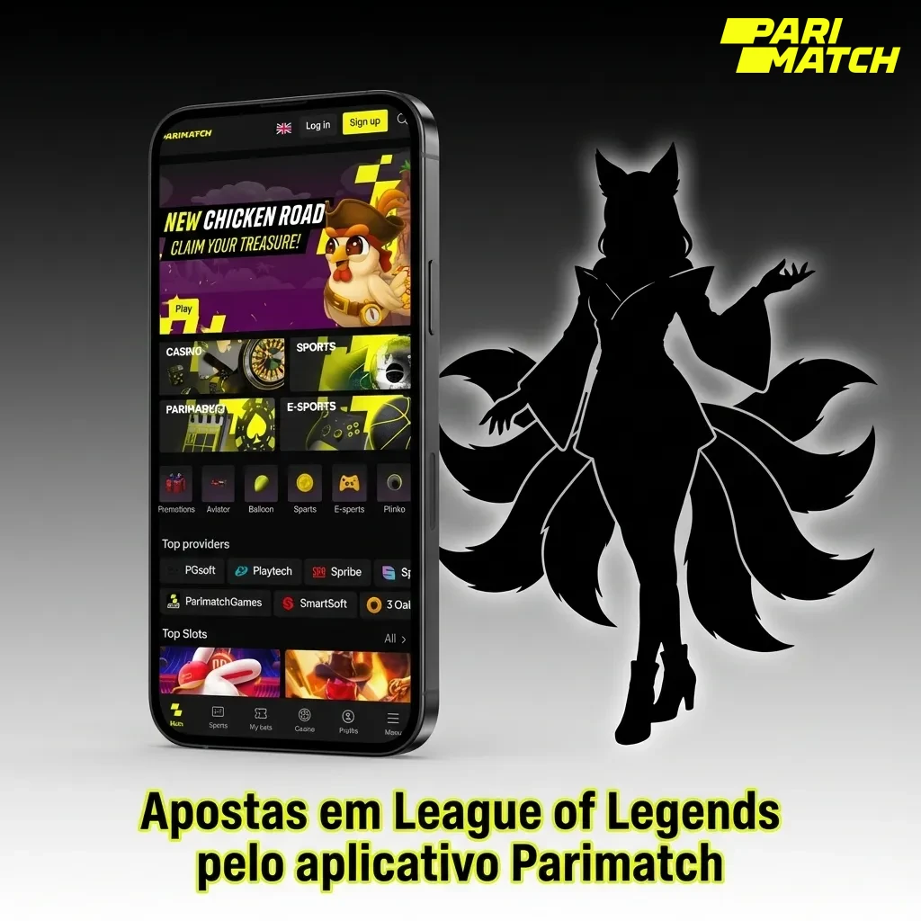 Tela de celular com o app Parimatch aberto exibindo apostas e odds em partidas de League of Legends