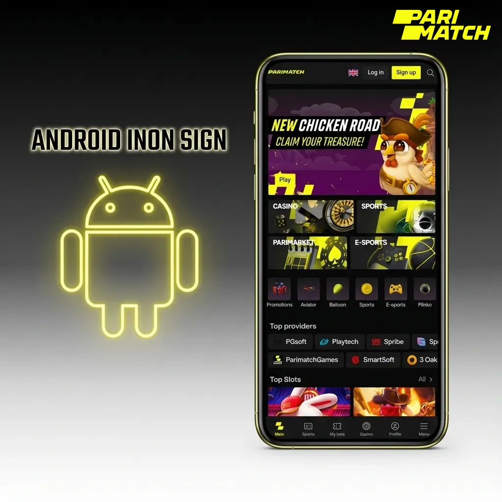 Tela de smartphone Android exibindo instalação do app Parimatch com ícone amarelo e botões de baixar APK