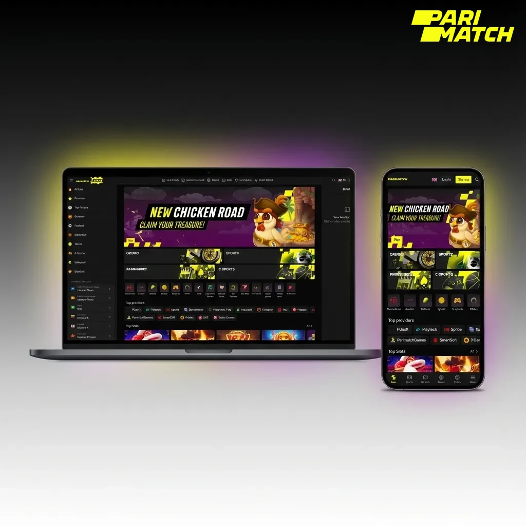 Tela do site Parimatch em português, com menu esportes e cassino, bilhete de aposta à direita e área de login no topo