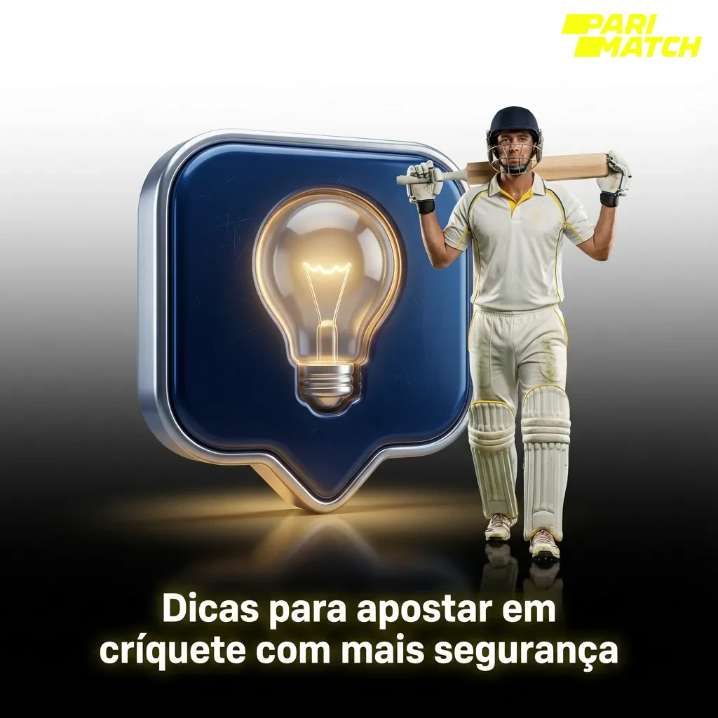 Ilustração de apostas em críquete com jogador em campo, gráficos de estatísticas e ícones de segurança financeira
