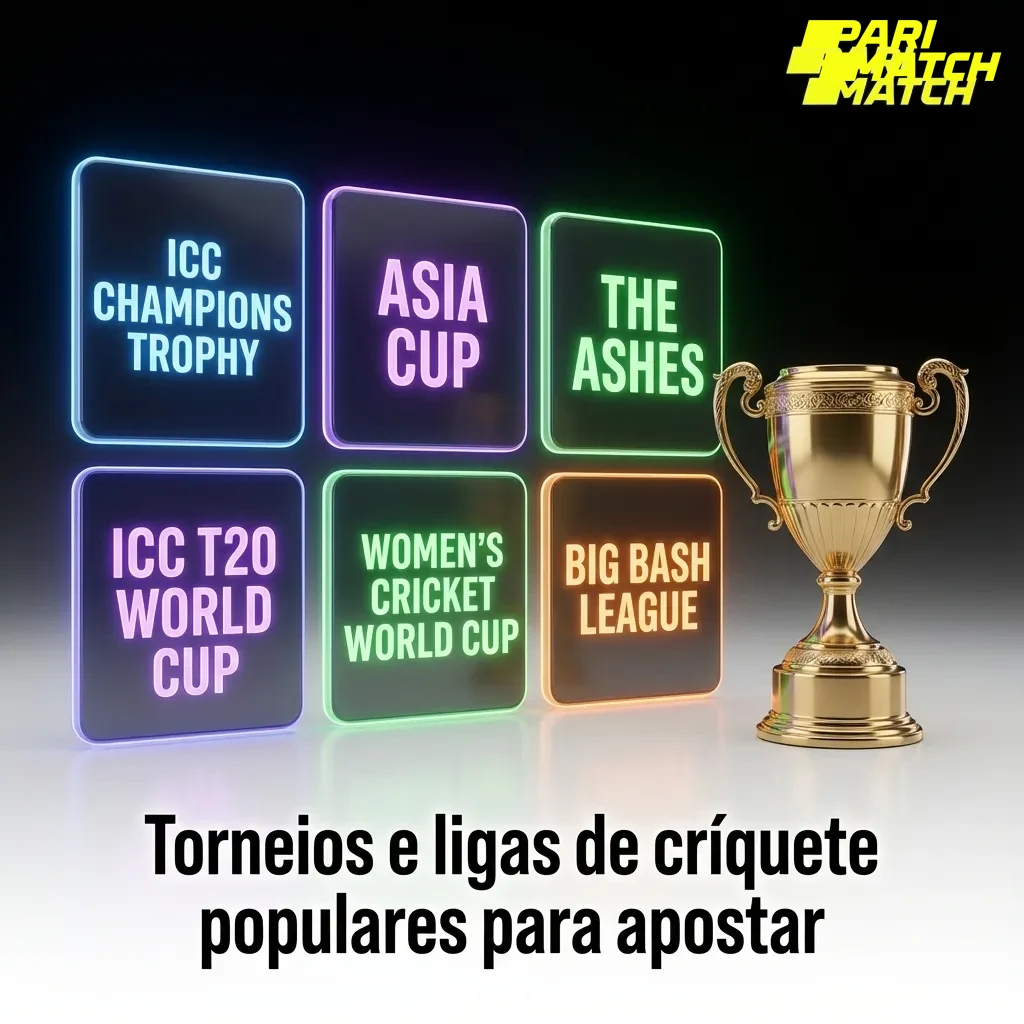 Ilustração de críquete com troféus e logos de torneios populares, destacando apostas em ligas internacionais e T20.