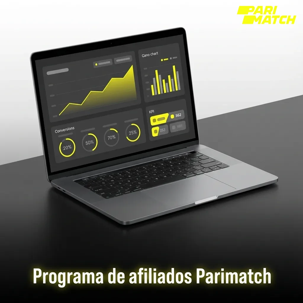 Banner do programa de afiliados Parimatch com ícones de dinheiro, links rastreados e gráficos de desempenho em destaque